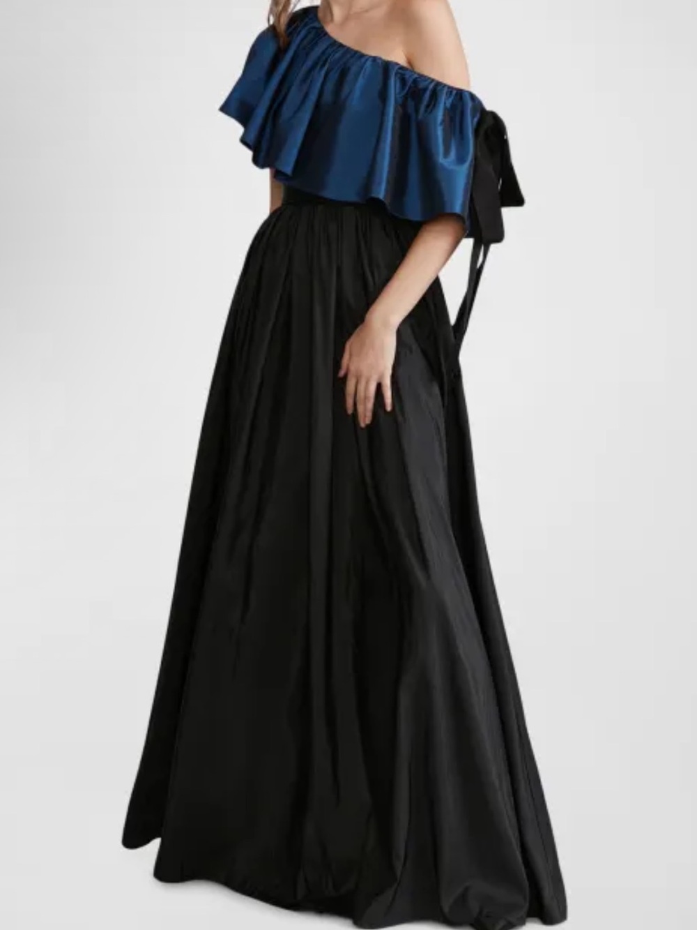 Zac Posen Black Maxi Taffeta Skirt with Navy Ruffle Detail